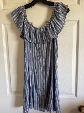 American Eagle Outfitters Blue and White Striped Ruffle Off-Shoulder Dress
